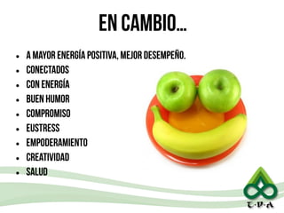 En cambio…
• A mayor energía positiva, mejor desempeño.
• CONECTADOS
• Con energía
• Buen humor
• Compromiso
• Eustress
• Empoderamiento
• Creatividad
• Salud
 
