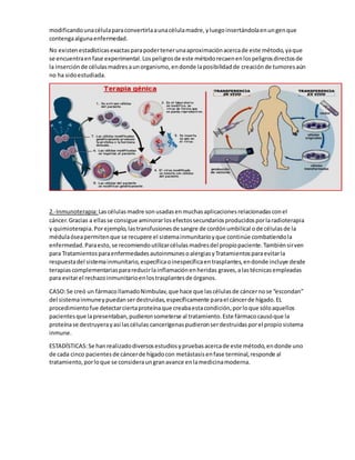modificandounacélulaparaconvertirlaaunacélulamadre,yluegoinsertándolaenungenque
contengaalgunaenfermedad.
No existenestadísticasexactasparapodertenerunaaproximaciónacercade este método,yaque
se encuentraenfase experimental.Los peligrosde este métodorecaenenlospeligrosdirectosde
la inserciónde célulasmadresaunorganismo,endonde laposibilidadde creaciónde tumoresaún
no ha sidoestudiada.
2.-Inmunoterapia:Lascélulasmadre sonusadasenmuchasaplicacionesrelacionadasconel
cáncer.Gracias a ellasse consigue aminorarlosefectossecundariosproducidosporlaradioterapia
y quimioterapia.Porejemplo,lastransfusionesde sangre de cordónumbilical ode célulasde la
médulaóseapermitenque se recupere el sistemainmunitarioyque continúe combatiendola
enfermedad.Paraesto,se recomiendoutilizarcélulasmadresdel propiopaciente.Tambiénsirven
para TratamientosparaenfermedadesautoinmunesoalergiasyTratamientosparaevitarla
respuestadel sistemainmunitario,específicaoinespecíficaentrasplantes,endonde incluye desde
terapiascomplementariasparareducirlainflamaciónenheridas graves,alastécnicasempleadas
para evitarel rechazoinmunitarioenlostrasplantesde órganos.
CASO:Se creó un fármacollamadoNimbulav,que hace que lascélulasde cáncernose “escondan”
del sistemainmuneypuedanserdestruidas,específicamente parael cáncerde hígado.EL
procedimientofue detectarciertaproteínaque creabaestacondición,porloque sóloaquellos
pacientesque lapresentaban,pudieronsometerse al tratamiento.Este fármacocausóque la
proteínase destruyerayasí lascélulas cancerígenas pudieronserdestruidasporel propiosistema
inmune.
ESTADÍSTICAS:Se hanrealizadodiversosestudiosypruebasacercade este método,endonde uno
de cada cinco pacientesde cáncerde hígadocon metástasisenfase terminal,responde al
tratamiento,porloque se consideraungranavance enlamedicinamoderna.
 