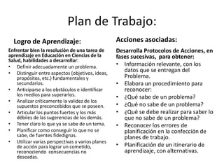 Plan de Trabajo:
Logro de Aprendizaje:
Enfrentar bien la resolución de una tarea de
aprendizaje en Educación en Ciencias de la
Salud, habilidades a desarrollar:
• Definir adecuadamente un problema.
• Distinguir entre aspectos (objetivos, ideas,
propósitos, etc.) fundamentales y
secundarios.
• Anticiparse a los obstáculos e identificar
los medios para superarlos.
• Analizar críticamente la validez de los
supuestos preconcebidos que se poseen.
• Articular los puntos fuertes y los más
débiles de las sugerencias de los demás.
• Tener claro lo que ya se sabe de un tema.
• Planificar como conseguir lo que no se
sabe, de fuentes fidedignas.
• Utilizar varias perspectivas y varios planes
de acción para lograr un cometido,
reconociendo consecuencias no
deseadas.
Acciones asociadas:
Desarrolla Protocolos de Acciones, en
fases sucesivas, para obtener:
• Información relevante, con los
datos que se entregan del
Problema.
• Elabora un procedimiento para
reconocer:
• ¿Qué sabe de un problema?
• ¿Qué no sabe de un problema?
• ¿Qué se debe realizar para saber lo
que no sabe de un problema?
• Reconocer los errores de
planificación en la confección de
planes de trabajo.
• Planificación de un itinerario de
aprendizaje, con alternativas.
 