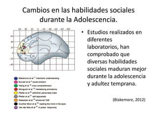 Cambios en las habilidades sociales
durante la Adolescencia.
• Estudios realizados en
diferentes
laboratorios, han
comprobado que
diversas habilidades
sociales maduran mejor
durante la adolescencia
y adultez temprana.
(Blakemore, 2012)
 