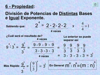 6 - Propiedad :  División de Potencias de  Distintas  Bases e  Igual  Exponente. Sabiendo que: 2 4 = 2 2 2 2    4 veces ¿Cuál será el resultado de? 9 4 : 3 4 4 veces ─ = 9 4 3 4 = ______________   9 9 9  9 3  3 4 veces y 9 3 _ = 9 3 _  9 9   = 3 3 3 3    = 3 4 Lo anterior se puede separar así ─ 9 3 4 Más Rápido = 4 3 4 3 3   _ _ 3 3 m a : n a = (m : n) a En General 