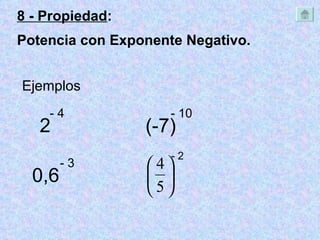 2 - 4 Ejemplos 0,6 - 3 (-7) - 10 - 2 8 - Propiedad :  Potencia con Exponente Negativo. 