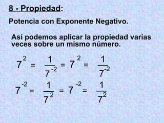 Así podemos aplicar la propiedad varias veces sobre un mismo número. 7 2 = __ 1 7 -2 7 2 = __ 1 7 -2 = 7 -2 = __ 1 7 2 7 -2 = __ 1 7 2 = 8 - Propiedad :  Potencia con Exponente Negativo. 