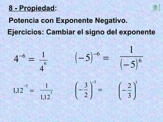 Ejercicios: Cambiar el signo del exponente 8 - Propiedad :  Potencia con Exponente Negativo. 