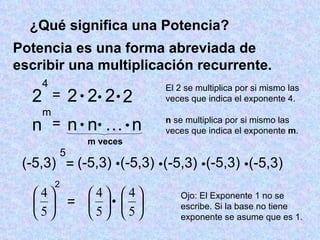 ¿Qué significa una Potencia? Potencia es una forma abreviada de escribir una multiplicación recurrente. 2 4 (-5,3) 5 2 = 2 2 2 2    El 2 se multiplica por si mismo las veces que indica el exponente 4. = (-5,3) (-5,3) (-5,3) (-5,3) (-5,3)     =  Ojo: El Exponente 1 no se escribe. Si la base no tiene exponente se asume que es 1. n m = n n … n    n  se multiplica por si mismo las veces que indica el exponente  m . m veces 