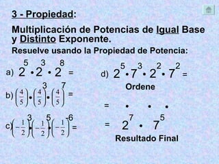 2 5  2 3 Resuelve usando la Propiedad de Potencia:  2 7 a) =  3  7 b) = 3  5  -6 c) = 2 5  7 3  2 2 d) =  7 2 Ordene     7 5 = = Resultado Final 3 - Propiedad :  Multiplicación de Potencias de  Igual  Base y  Distinto  Exponente. 2 8 