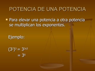 POTENCIA DE UNA POTENCIA Para elevar una potencia a otra potencia se multiplican los exponentes. Ejemplo: (3 2 ) 3  = 3 2x3  = 3 6 