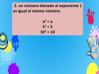 2. un número elevado al exponente 1
es igual al mismo número.

              a1 = a
              51 = 5
             101 = 10
 