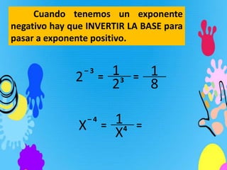 Cuando tenemos un exponente
negativo hay que INVERTIR LA BASE para
pasar a exponente positivo.


              2
                  –3
                        =   13   =   1
                            2        8

               X
                   –4
                        =   14   =
                            X
 