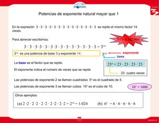 Potencias de exponente natural mayor que 1
En la expresión 3 · 3 · 3 · 3 · 3 · 3 · 3 · 3 · 3 · 3 · 3 · 3 · 3 · 3 se repite el mismo factor 14
veces.
Para abreviar escribimos:
3 · 3 · 3 ·3 · 3 · 3 ·3 · 3 · 3 · 3 · 3 · 3 · 3 · 3 = 314
314
es una potencia de base 3 y exponente 14: 314
base
exponente
314
= 4.782.969
La base es el factor que se repite.
El exponente indica el número de veces que se repite
234
= 23 · 23 · 23 · 23
23 cuatro veces
Las potencias de exponente 2 se llaman cuadrados: 52
es el cuadrado de 5.
Las potencias de exponente 3 se llaman cubos: 103
es el cubo de 10. 103
= 1000
Otros ejemplos:
(a) 2 ·2 · 2 ·2 · 2 ·2 · 2 ·2 · 2 ·2 = 210
= 1.024 (b) 65
= 6 · 6 · 6 · 6 · 6
 