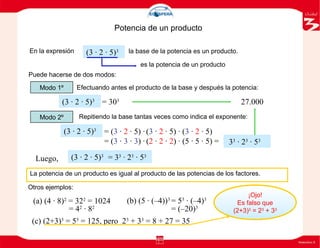 Potencia de un producto
En la expresión
Otros ejemplos:
(3 · 2 · 5)3
Puede hacerse de dos modos:
La potencia de un producto es igual al producto de las potencias de los factores.
(b) (5 · (–4))3
= 53
· (–4)3
la base de la potencia es un producto.
es la potencia de un producto
Modo 1º Efectuando antes el producto de la base y después la potencia:
= 303
Modo 2º Repitiendo la base tantas veces como indica el exponente:
(3 · 2 · 5)3
= (3 · 2 · 5) · (3 · 2 · 5) · (3 · 2 · 5)
= (3 · 3 · 3) · (2 · 2 · 2) · (5 · 5 · 5) =
(3 · 2 · 5)3
33
· 23
· 53
Luego, (3 · 2 · 5)3
= 33
· 23
· 53
27.000
= 42
· 82
= (–20)3
(c) (2+3)3
= 53
= 125, pero 23
+ 33
= 8 + 27 = 35
¡Ojo!
Es falso que
(2+3)3
= 23
+ 33
(a) (4 · 8)2
= 322
= 1024
 