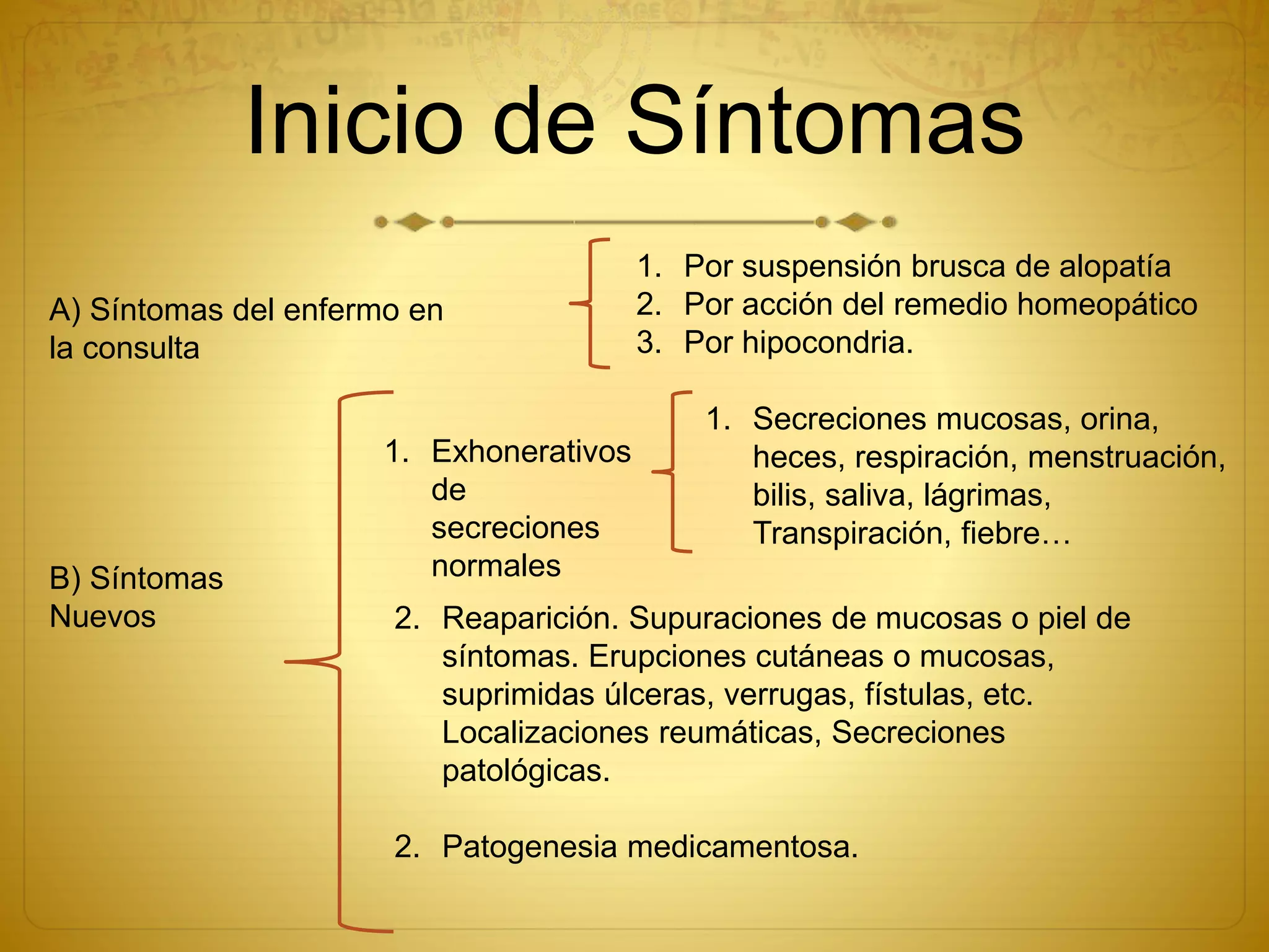 Inicio de Síntomas
A) Síntomas del enfermo en
la consulta
1. Por suspensión brusca de alopatía
2. Por acción del remedio homeopático
3. Por hipocondria.
B) Síntomas
Nuevos
1. Exhonerativos
de
secreciones
normales
1. Secreciones mucosas, orina,
heces, respiración, menstruación,
bilis, saliva, lágrimas,
Transpiración, fiebre…
2. Reaparición. Supuraciones de mucosas o piel de
síntomas. Erupciones cutáneas o mucosas,
suprimidas úlceras, verrugas, fístulas, etc.
Localizaciones reumáticas, Secreciones
patológicas.
2. Patogenesia medicamentosa.
 