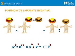 2POTÊNCIAS E RAÍZES
POTÊNCIA DE EXPOENTE NEGATIVO
-3-3
aa ==
==
--
== ::
0-30-3
aa ==
00
aa ::
33
aa == 11
--
:: 33
aa
 