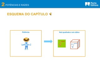 2POTÊNCIAS E RAÍZES
ESQUEMA DO CAPÍTULO
Potências Raiz quadrada e raiz cúbica
 