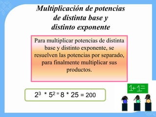 Multiplicación de potencias
     de distinta base y
    distinto exponente
Para multiplicar potencias de distinta
    base y distinto exponente, se
resuelven las potencias por separado,
   para finalmente multiplicar sus
              productos.



23 * 52 = 8 * 25 = 200
 