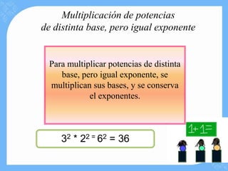 Multiplicación de potencias
de distinta base, pero igual exponente


  Para multiplicar potencias de distinta
     base, pero igual exponente, se
  multiplican sus bases, y se conserva
             el exponentes.



     32 * 22 = 62 = 36
 