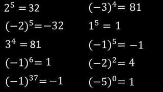25
=
(−2)5=
34
=
(−1)6
=
(−1)37=
(−3)4
=
15 =
(−1)5
=
(−2)2
=
(−5)0
=
32
−32
81
1
−1
81
1
−1
4
1
 