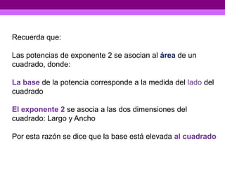 Recuerda que:

Las potencias de exponente 2 se asocian al área de un
cuadrado, donde:

La base de la potencia corresponde a la medida del lado del
cuadrado

El exponente 2 se asocia a las dos dimensiones del
cuadrado: Largo y Ancho

Por esta razón se dice que la base está elevada al cuadrado
 