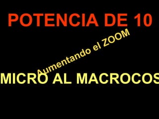 POTENCIA DE 10
                             O M
                       el ZO
               an do
           ent
      A um
MICRO AL MACROCOS
.
 