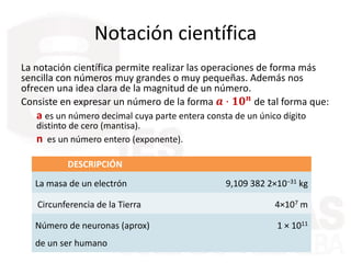 Notación científica
La notación científica permite realizar las operaciones de forma más
sencilla con números muy grandes o muy pequeñas. Además nos
ofrecen una idea clara de la magnitud de un número.
Consiste en expresar un número de la forma 𝒂 · 𝟏𝟎 𝒏
de tal forma que:
a es un número decimal cuya parte entera consta de un único dígito
distinto de cero (mantisa).
n es un número entero (exponente).
DESCRIPCIÓN
La masa de un electrón 9,109 382 2×10−31 kg
Circunferencia de la Tierra 4×107 m
Número de neuronas (aprox)
de un ser humano
1 × 1011
 