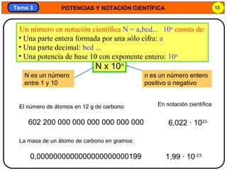 POTENCIAS Y NOTACIÓN CIENTÍFICA 13
Tema 3Tema 3
N x 10n
El número de átomos en 12 g de carbono:
602 200 000 000 000 000 000 000 6,022 · 1023
La masa de un átomo de carbono en gramos:
0,0000000000000000000000199 1,99 · 10-23
Un número en notación científica N = a,bcd... .
10n
consta de:
• Una parte entera formada por una sólo cifra: a
• Una parte decimal: bcd ...
• Una potencia de base 10 con exponente entero: 10n
N es un número
entre 1 y 10
n es un número entero
positivo o negativo
En notación científica
 
