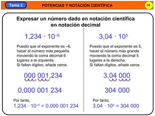 POTENCIAS Y NOTACIÓN CIENTÍFICA 16
Tema 3Tema 3
Expresar un número dado en notación científica
en notación decimal
0,000 001 234 304 000
1,234 · 10–6
Puesto que el exponente es –6,
hacer el número más pequeño
moviendo la coma decimal 6
lugares a la izquierda.
Si faltan dígitos, añade ceros.
000 001,234
3,04 · 105
Puesto que el exponente es 5,
hacer el número más grande
moviendo la coma decimal 5
lugares a la derecha.
Si faltan dígitos, añade ceros.
3,04 000
Por tanto,
1,234 · 10–6
= 0,000 001 234
Por tanto,
3,04 · 105
= 304 000
 