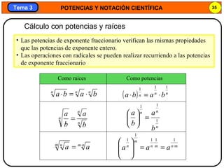 POTENCIAS Y NOTACIÓN CIENTÍFICA 35
Tema 3Tema 3
Cálculo con potencias y raíces
• Las potencias de exponente fraccionario verifican las mismas propiedades
que las potencias de exponente entero.
• Las operaciones con radicales se pueden realizar recurriendo a las potencias
de exponente fraccionario
nnn
baba ⋅=⋅
n
n
n
b
a
b
a
=
nmm n
aa ⋅
=
( ) nnn baba
111
⋅=⋅
n
nn
b
a
b
a
1
11
=





mnmn
m
n
aaa ⋅
⋅
==






 111
1
1
Como raíces Como potencias
 