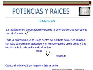 RADICACIÒN
La radicación es la operación inversa de la potenciación, se representa
con el símbolo
Toda la expresión que se ubica dentro del símbolo de raíz es llamada
cantidad subradical o radicando, y el número que se ubica arriba y a la
izquierda de la raíz es llamado el índice
Cuando el índice es 2, por lo general éste se omite
3
3
radicando
índice
Elaborado por: Remy Guaura y Jesús Ramírez
 