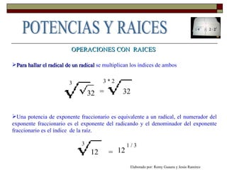 OPERACIONES CON  RAICES Para hallar el radical de un radical  se multiplican los índices de ambos 32 = 32 3 3 * 2 Una potencia de exponente fraccionario es equivalente a un radical, el numerador del exponente fraccionario es el exponente del radicando y el denominador del exponente fraccionario es el índice  de la raíz. 12 = 3 12 1 / 3 Elaborado por: Remy Guaura y Jesús Ramírez POTENCIAS Y RAICES 