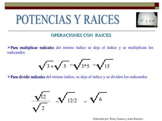 OPERACIONES CON  RAICES Para multiplicar radicales  del mismo índice se deja el índice y se multiplican los radicandos 3 5 * = 3*5 = 15 Para dividir radicales  del mismo índice, se deja el índice y se dividen los radicandos 12 2 = 12/2 = 6 Elaborado por: Remy Guaura y Jesús Ramírez POTENCIAS Y RAICES 