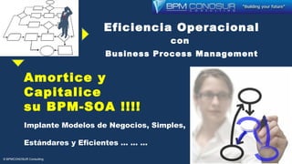 Eficiencia Operacional
con
Business Process Management
Amortice y
Capitalice
su BPM-SOA !!!!
Implante Modelos de Negocios, Simples,
Estándares y Eficientes … … …
© BPMCONOSUR Consulting
 