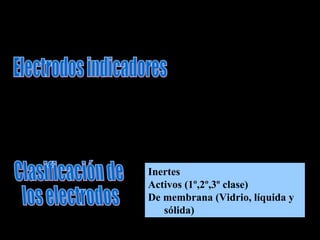 El potencial del electrodo debe estar ligado a uno o mas de los
Reactivos participantes en la reacción analítica que se desea medir
Volumetria de pptación.:
Volumetria complejometrica.: Electrodo del metal o catión
Inertes
Activos (1º,2º,3º clase)
De membrana (Vidrio, líquida y
sólida)
 