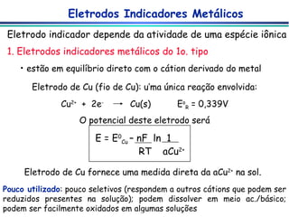 Eletrodos Indicadores Metálicos Eletrodo indicador depende da atividade de uma espécie iônica 1. Eletrodos indicadores metálicos do 1o. tipo estão em equilíbrio direto com o cátion derivado do metal Eletrodo de Cu (fio de Cu): u’ma única reação envolvida: Cu 2+   +  2e -   Cu(s)  E o R  = 0,339V O potencial deste eletrodo será E = E 0 Cu   – nF  ln  1 RT  aCu 2+ Eletrodo de Cu fornece uma medida direta da aCu 2+  na sol . Pouco utilizado : pouco seletivos (respondem a outros cátions que podem ser reduzidos presentes na solução); podem dissolver em meio ac./básico; podem ser facilmente oxidados em algumas soluções 