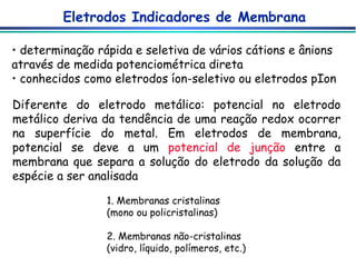 Eletrodos Indicadores de Membrana determinação rápida e seletiva de vários cátions e ânions através de medida potenciométrica direta conhecidos como eletrodos íon-seletivo ou eletrodos pIon Diferente do eletrodo metálico: potencial no eletrodo metálico deriva da tendência de uma reação redox ocorrer na superfície do metal. Em eletrodos de membrana, potencial se deve a um  potencial de junção  entre a membrana que separa a solução do eletrodo da solução da espécie a ser analisada  1. Membranas cristalinas (mono ou policristalinas) 2. Membranas não-cristalinas (vidro, líquido, polímeros, etc.) 