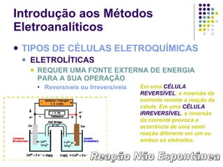 Introdução aos Métodos Eletroanalíticos TIPOS DE CÉLULAS ELETROQUÍMICAS ELETROLÍTICAS REQUER UMA FONTE EXTERNA DE ENERGIA PARA A SUA OPERAÇÃO Reversíveis ou Irreversíveis Em uma  CÉLULA REVERSÍVEL , a inversão da corrente reverte a reação da célula. Em uma  CÉLULA IRREVERSÍVEL , a inversão da corrente provoca a ocorrência de uma semi-reação diferente em um ou ambos os eletrodos. Reação Não Espontânea 