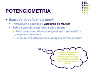 POTENCIOMETRIA Eletrodo de referência ideal: Reversível e obedece à  Equação de Nernst Exibe potencial constante com o tempo Retorna ao seu potencial original após submetido à pequenas correntes Exibe baixa histerese com variações de temperatura A histerese é a tendência de um material ou sistema conservar suas propriedades na ausência de um estímulo que as gerou. 