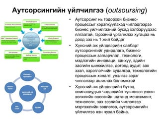 Аутсорсингийн үйлчилгээ (outsoursing)
• Аутсорсинг нь тодорхой бизнес-
процессыг хэрэгжүүлэхэд чиглэдгээрээ
бизнес үйлчилгээний бусад хэлбэрүүдээс
ялгаатай, гэрээний үргэлжлэх хугацаа нь
доод зах нь 1 жил байдаг
• Хүнсний аж үйлдвэрийн салбарт
аутсорсингийг удирдлага, бизнес-
процессын загварчлал, технологи,
мэдлэгийн инноваци, санхүү, эдийн
засгийн шинжилгээ, дотоод аудит, зах
зээл, хэрэглэгчийн судалгаа, технологийн
процессын хяналт, үнэлгээ зэрэг
чиглэлээр ашиглах боломжтой
• Хүнсний аж үйлдвэрийн бүтэц,
компаниудын чадавхийн түвшнээс үзвэл
хөгжлийн өнөөгийн шатанд менежмент,
технологи, зах зээлийн чиглэлээр
мэргэжлийн зөвлөгөө, аутсорсингийн
үйлчилгээ нэн чухал байна.
 