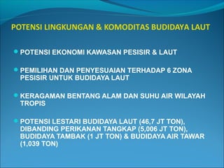 POTENSI LINGKUNGAN & KOMODITAS BUDIDAYA LAUT
POTENSI EKONOMI KAWASAN PESISIR & LAUT
PEMILIHAN DAN PENYESUAIAN TERHADAP 6 ZONA

PESISIR UNTUK BUDIDAYA LAUT

KERAGAMAN BENTANG ALAM DAN SUHU AIR WILAYAH

TROPIS

POTENSI LESTARI BUDIDAYA LAUT (46,7 JT TON),

DIBANDING PERIKANAN TANGKAP (5,006 JT TON),
BUDIDAYA TAMBAK (1 JT TON) & BUDIDAYA AIR TAWAR
(1,039 TON)

 