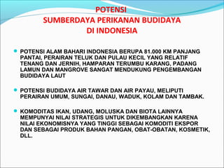 POTENSI
SUMBERDAYA PERIKANAN BUDIDAYA
DI INDONESIA
 POTENSI ALAM BAHARI INDONESIA BERUPA 81.000 KM PANJANG

PANTAI, PERAIRAN TELUK DAN PULAU KECIL YANG RELATIF
TENANG DAN JERNIH, HAMPARAN TERUMBU KARANG, PADANG
LAMUN DAN MANGROVE SANGAT MENDUKUNG PENGEMBANGAN
BUDIDAYA LAUT

 POTENSI BUDIDAYA AIR TAWAR DAN AIR PAYAU, MELIPUTI

PERAIRAN UMUM, SUNGAI, DANAU, WADUK, KOLAM DAN TAMBAK.

 KOMODITAS IKAN, UDANG, MOLUSKA DAN BIOTA LAINNYA

MEMPUNYAI NILAI STRATEGIS UNTUK DIKEMBANGKAN KARENA
NILAI EKONOMISNYA YANG TINGGI SEBAGAI KOMODITI EKSPOR
DAN SEBAGAI PRODUK BAHAN PANGAN, OBAT-OBATAN, KOSMETIK,
DLL.

 