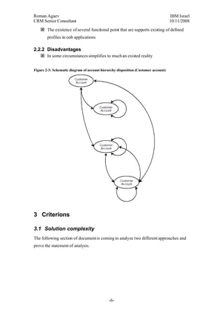 Roman Agaev, M.Sc, PMP
Owner, Supra Information Technology ltd.
    The existence of several functional point that are supports existing of defined
        profiles in oob applications

        2.2.2Disadvantages
    In some circumstances simplifies to much an existed reality


Figure 2-3: Schematic diagram of account hierarchy disposition (Customer account)




    3Criterions

      3.1Solution complexity
The following section of document is coming to analyze two different approaches and
prove the statement of analysis.




                                             -6-
 