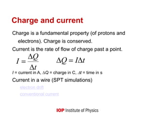 Charge and current
Charge is a fundamental property (of protons and
electrons). Charge is conserved.
Current is the rate of flow of charge past a point.
I = current in A, Q = charge in C, t = time in s
Current in a wire (SPT simulations)
electron drift
conventional current
t
Q
I


 t
I
Q 


 