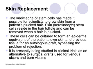 Skin Replacement The knowledge of stem cells has made it possible for scientists to grow skin from a patient's plucked hair. Skin (keratinocyte) stem cells reside in the hair follicle and can be removed when a hair is plucked.  These cells can be cultured to form an epidermal equivalent of the patients own skin and provides tissue for an autologous graft, bypassing the problem of rejection.  It is presently being studied in clinical trials as an alternative to surgical grafts used for venous ulcers and burn victims  