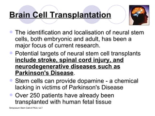 Brain Cell Transplantation The identification and localisation of neural stem cells, both embryonic and adult, has been a major focus of current research.  Potential targets of neural stem cell transplants  include stroke, spinal cord injury, and neurodegenerative diseases such as Parkinson's Disease .  Stem cells can provide dopamine - a chemical lacking in victims of Parkinson's Disease Over 250 patients have already been transplanted with human fetal tissue  