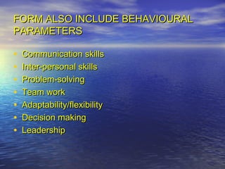 FORM ALSO INCLUDE BEHAVIOURAL
PARAMETERS

•   Communication skills
•   Inter-personal skills
•   Problem-solving
•   Team work
•   Adaptability/flexibility
•   Decision making
•   Leadership
 