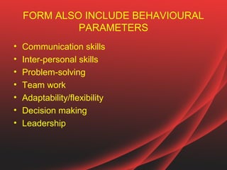 FORM ALSO INCLUDE BEHAVIOURAL
             PARAMETERS
•   Communication skills
•   Inter-personal skills
•   Problem-solving
•   Team work
•   Adaptability/flexibility
•   Decision making
•   Leadership
 
