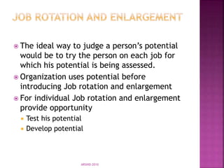  The ideal way to judge a person’s potential
would be to try the person on each job for
which his potential is being assessed.
 Organization uses potential before
introducing Job rotation and enlargement
 For individual Job rotation and enlargement
provide opportunity
 Test his potential
 Develop potential
ARSHID-2010
 