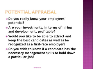  Do you really know your employees’
potential?
 Are your investments, in terms of hiring
and development, profitable?
 Would you like to be able to attract and
keep the best candidates as well as be
recognized as a first-rate employer?
 Do you wish to know if a candidate has the
necessary management skills to hold down
a particular job?
ARSHID-2010
 