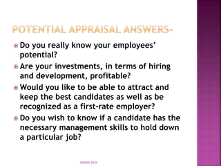  Do you really know your employees’
potential?
 Are your investments, in terms of hiring
and development, profitable?
 Would you like to be able to attract and
keep the best candidates as well as be
recognized as a first-rate employer?
 Do you wish to know if a candidate has the
necessary management skills to hold down
a particular job?
ARSHID-2010
 