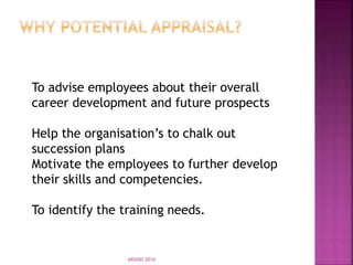 To advise employees about their overall
career development and future prospects
Help the organisation’s to chalk out
succession plans
Motivate the employees to further develop
their skills and competencies.
To identify the training needs.
ARSHID-2010
 