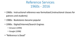 • 1960s: Instructional reference was formalized (instructional classes for
patrons and students)
• 1980s: Bookstores became popular
• 1990s: Digital/Internet/Search Engines
• Amazon (1994)
• Google (1998)
• “Reference is Dead”
Reference Services
1960s - 2016
 